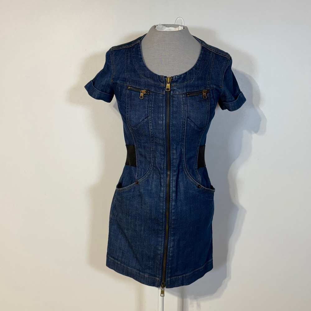 Armani Exchange Jean Denim Dress Blue Women’s Size 0 Gold Stitching Zippers - Picture 2 of 14